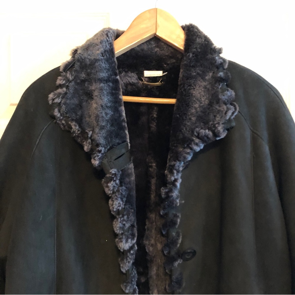 Real Shearling Coat Sued Mod New York Black Genuine Leather jacket sz L